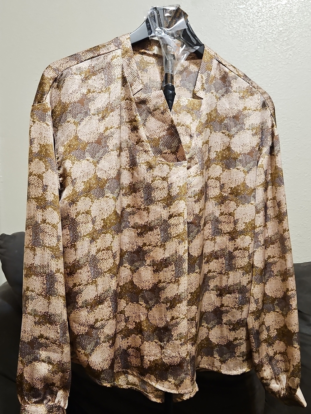Printed V-Neck Blouse in Beige and Brown